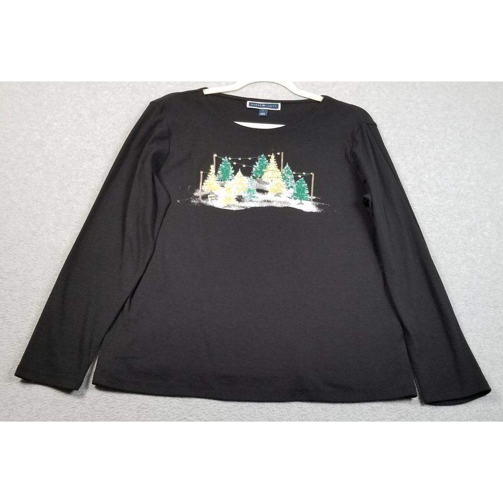 Karen Scott Top Womens Large L Black Christmas Trees Long Sleeve T Shirt Festive